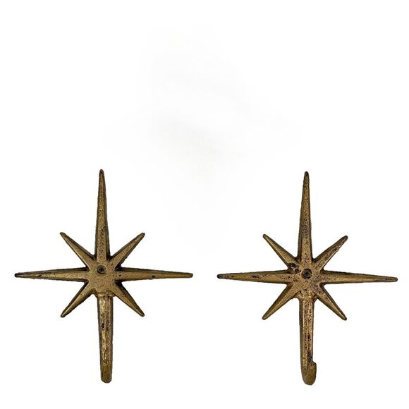 Set of 2 Gold Finish Cast Iron 8-Pointed Atomic Starburst Wall Hooks - Picture 4 of 7
